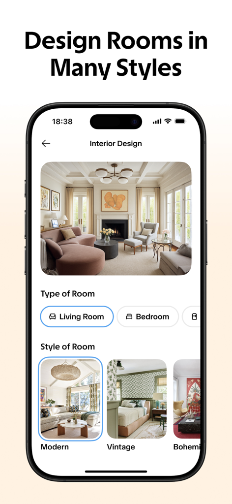 AI Decor - AI Home Design - AI Decor app interface for choosing room types and interior design styles