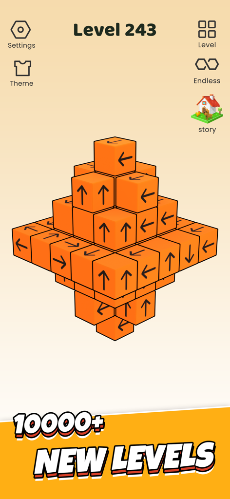 Take Away - Tap 3D Blocks Out - Take Awayのゲームプレイ画面。レベル243のオレンジ色のブロックで作られた3Dパズルに矢印が表示されています。