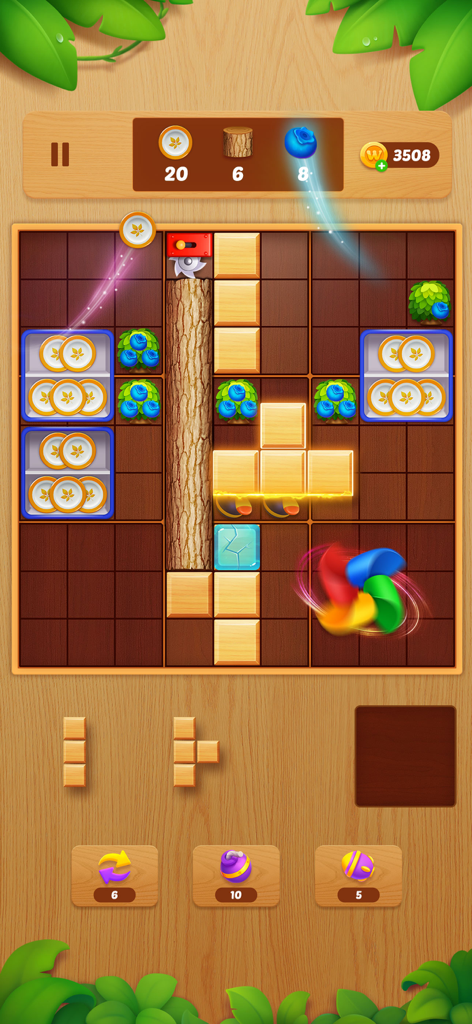 Block Crush: Wood Block Puzzle - Gameplay screen of Block Crush showing a wood block puzzle grid with various items and power ups