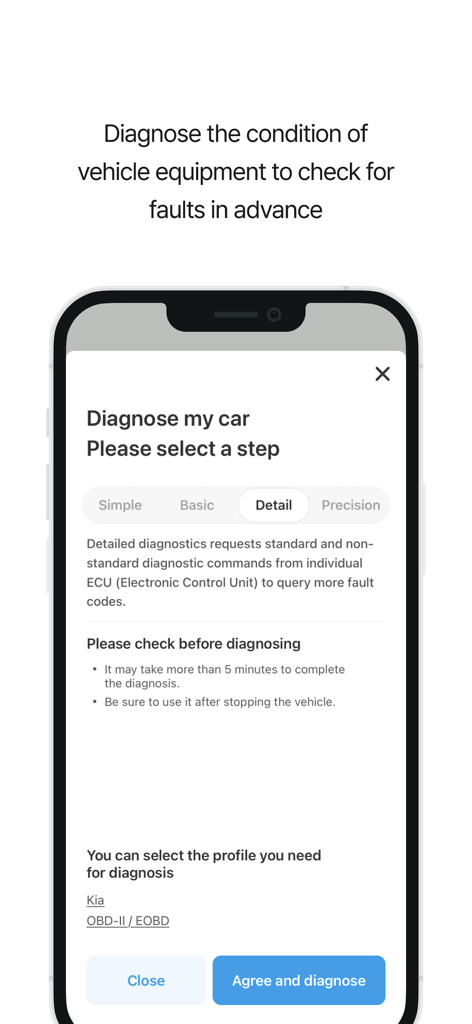 Schermata dell'app Infocar che mostra la configurazione diagnostica dell'auto con opzioni per la scansione dettagliata dei codici di errore ECU per un veicolo Kia