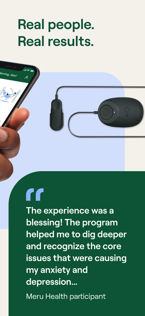 Meru Health - Captura de pantalla de la app Meru Health con un dispositivo wearable de VFC y un testimonio de usuario