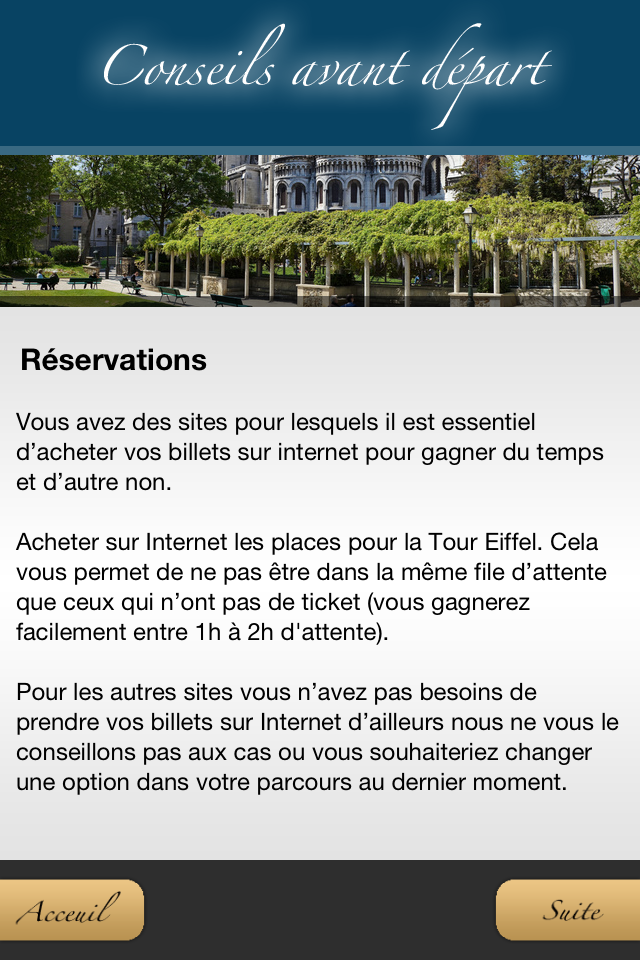 Paris en 3 jours - Tela do aplicativo móvel mostrando dicas de viagem e conselhos de reserva para visitar monumentos em Paris