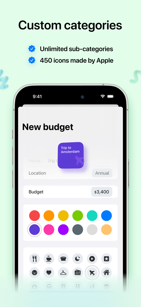 Gem - Money tracker - Interface of Gem money tracker showing custom budget category setup with color palette and various icons.