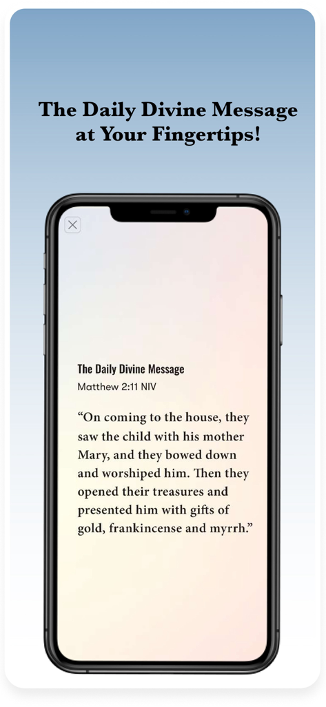 Bible Chat: Kingdom Connect - Uma tela de smartphone mostrando o aplicativo Bible Chat com a mensagem divina diária de Mateus 2:11.