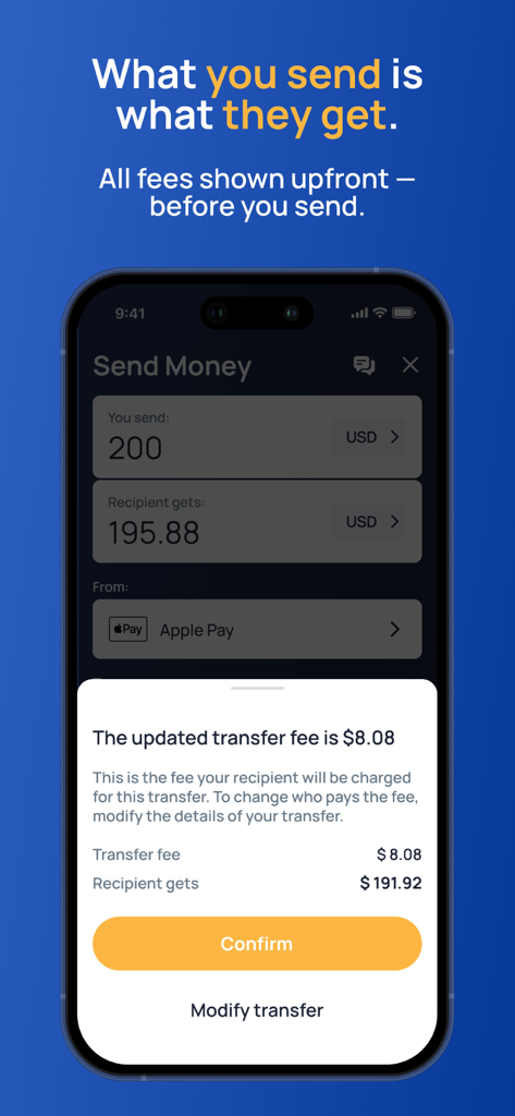 Fin.do: Instant Money Anywhere - Fin.do app interface showing transparent transfer fees and recipient total before confirming