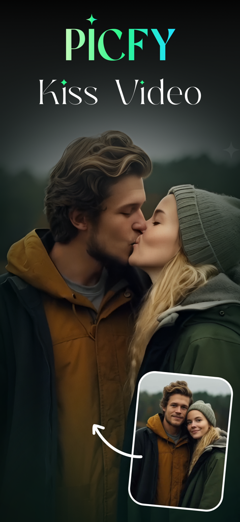 Ai Kiss Video Maker : Picfy - Une capture d'écran montrant comment l'application Picfy transforme une photo statique d'un couple en une animation vidéo de baiser IA.