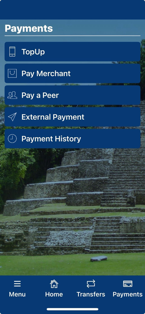 Heritage Intl. Bank Ltd - Payments menu in Heritage Intl Bank mobile app showing options for merchant and peer payments