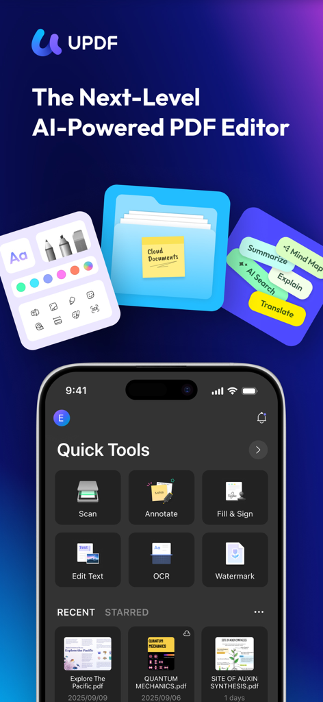 Oberfläche von UPDF, einem KI-gestützten PDF-Editor, mit schnellen Werkzeugen wie Scannen, Kommentieren und Textbearbeitung