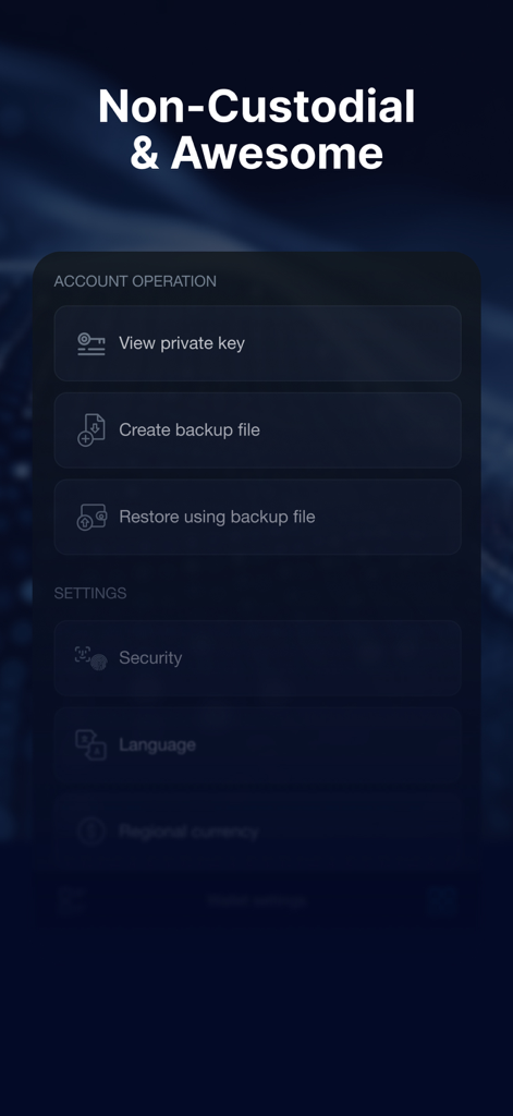Ethereum Wallet - HB Wallet - HB Wallet app screen showing non-custodial account operations including private key and backup settings