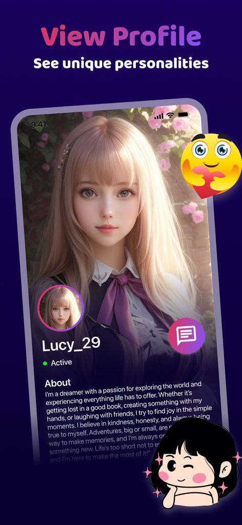 A profile page for an AI companion named Lucy in the SweetTalk app