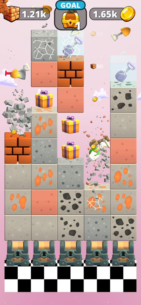 Merge and Dig - Screenshot di gioco di Merge and Dig che mostra vari strumenti che distruggono blocchi di terra e mattoni per raggiungere forzieri del tesoro in fondo.