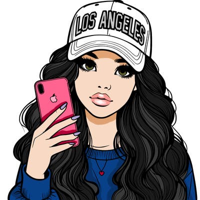 realistic beautiful girl wearing los ángeles cap holding an iphone