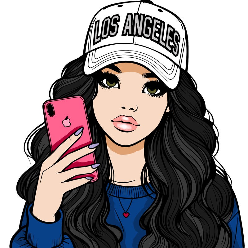 realistic beautiful girl wearing los ángeles cap holding an iphone