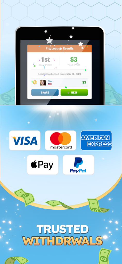 Photo Quiz: Win Real Money - Photo Quiz app screen showing tournament winnings and trusted withdrawal methods like Visa Mastercard and PayPal