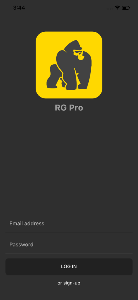 RaceGorilla Pro - Écran de connexion de l'application RaceGorilla Pro avec un logo de gorille jaune et des champs pour l'e-mail et le mot de passe.