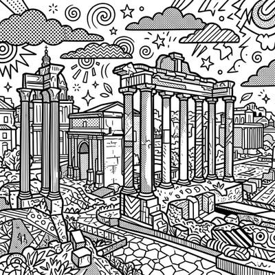 Journey back in time with this exciting Roman Ruins coloring page, reimagined with a dynamic Pop Art flair. Prepare to unleash your creativity on ancient architecture and modern artistic energy.