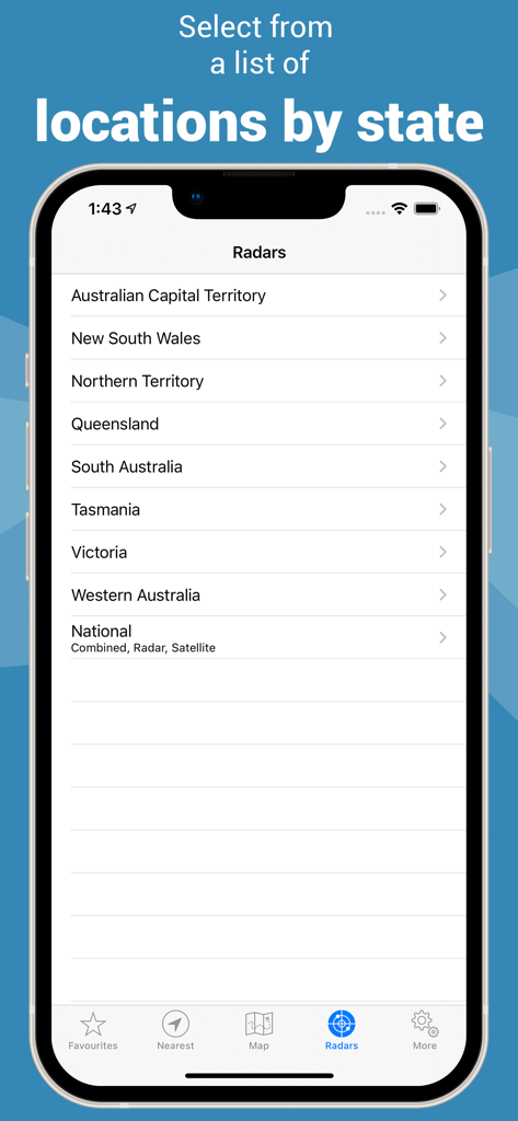 Rain Radar Australia - The Rain Radar Australia app interface showing a list of Australian states for selecting specific regional weather radar locations.