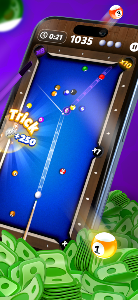 A smartphone showing a competitive pool game with trick shot points and piles of cash rewards.