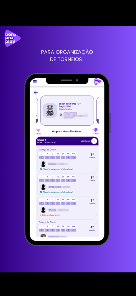 Bora Pro Play - Bora Pro Play app interface showing beach tennis tournament standings and player rankings