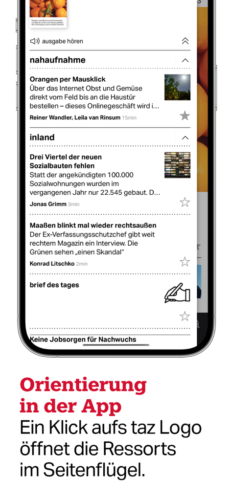 taz, die tageszeitung - Interfaccia dell'app di notizie taz che mostra un elenco di articoli di notizie tedeschi con titoli di sezione