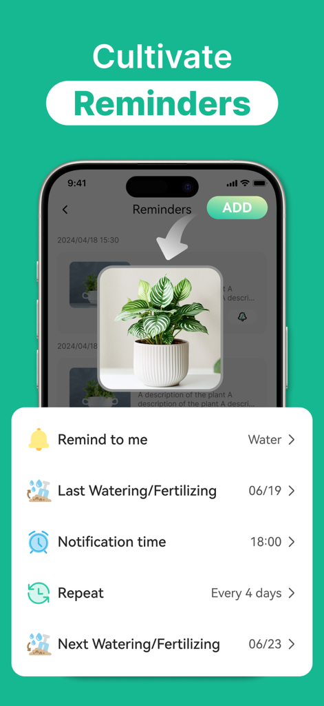 Oberfläche der KI-Pflanzen-Identifikator-App zeigt benutzerdefinierte Erinnerungen zum Gießen und Düngen für eine Zimmerpflanze
