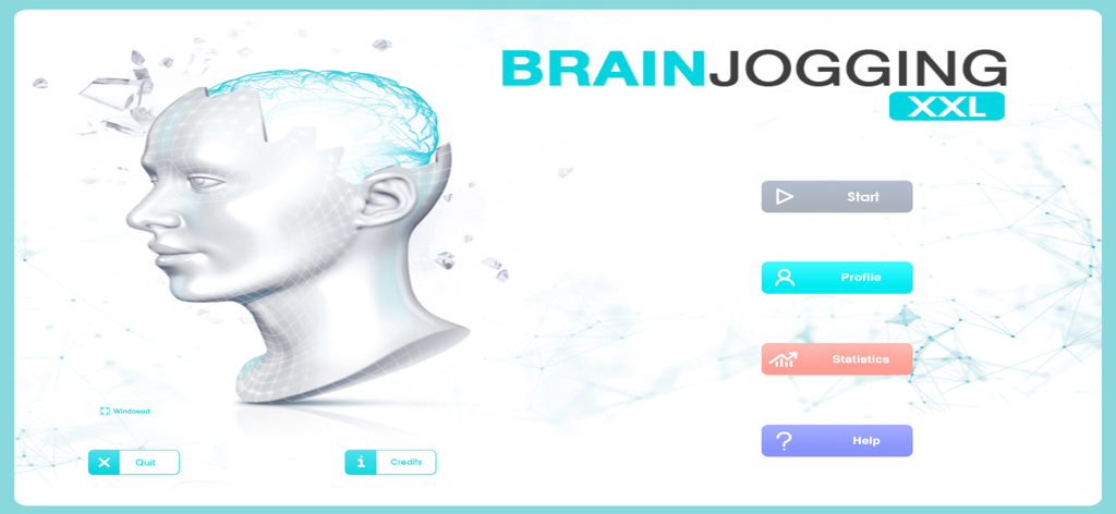 Brain Jogging XXL - Main menu of Brain Jogging XXL featuring a brain puzzle illustration and navigation buttons