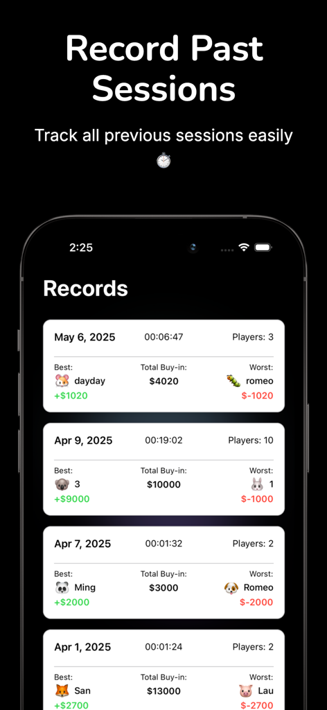 StackPro - Screenshot of StackPro app displaying a list of past poker session records and player statistics