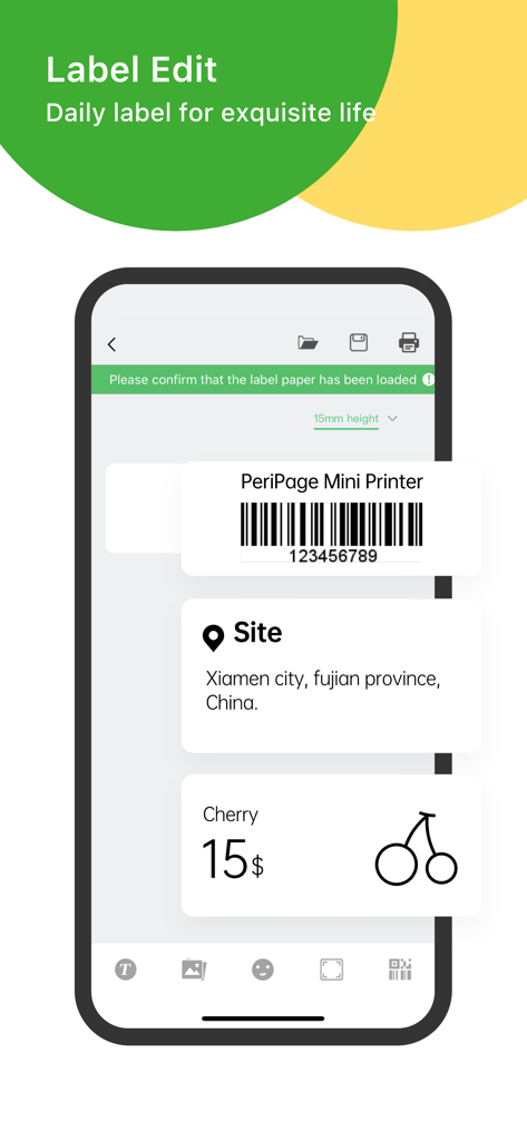 PeriPage - PeriPage app interface showing label customization for barcodes and price tags