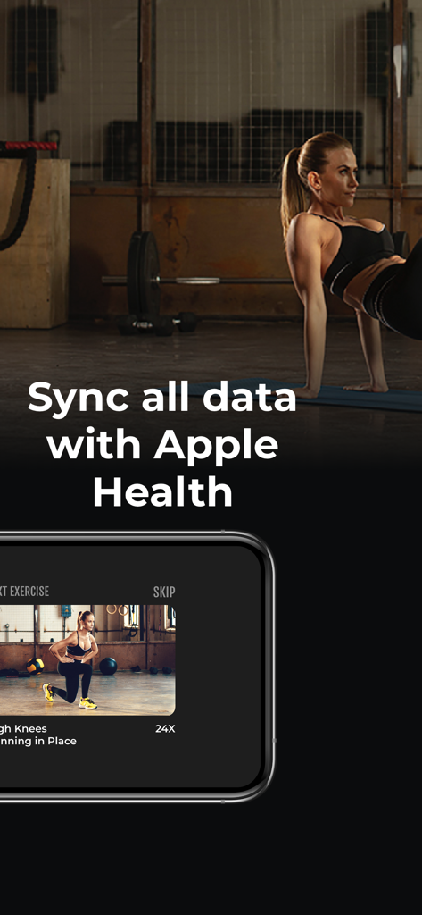 Fitness for Women - Fit Flame - Interfaz de la aplicación de fitness Fit Flame con sincronización de Apple Health y videos de ejercicios.