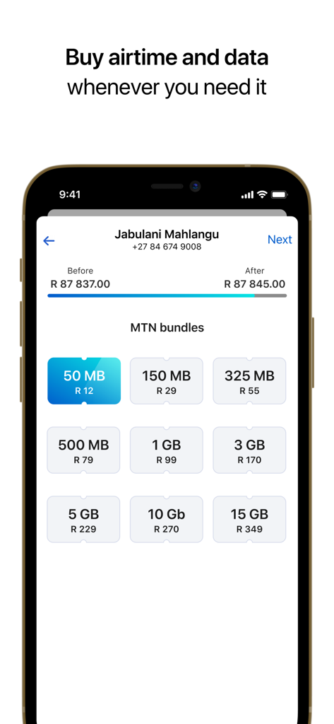 TymeBank-Mobile-App-Oberfläche zum Kauf von Mobilfunkdatenpaketen