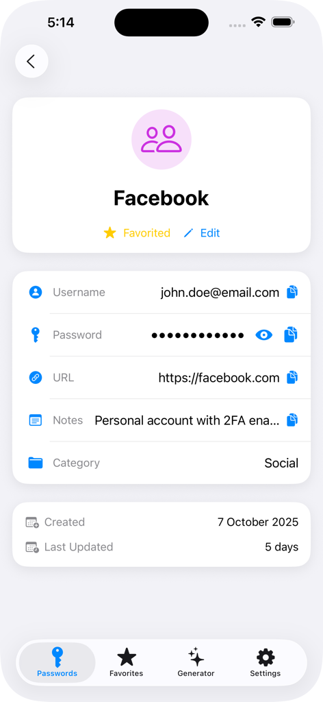 Detailed view of a social media login entry in the PassVault app showing username and encrypted password fields