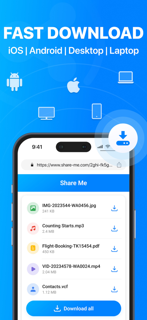 Share Me: File Transfer App - Oberfläche der Share Me App, die schnelle Dateidownloads über iOS-, Android- und Desktop-Plattformen hinweg zeigt