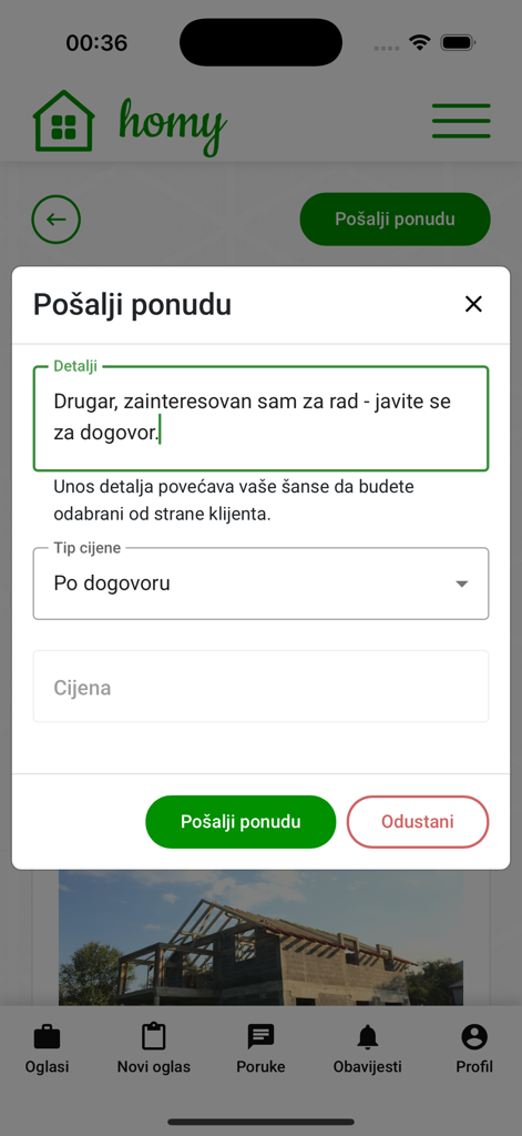 Homy.ba - A mobile app screen showing the interface for a service provider to send a job offer with price and detail fields