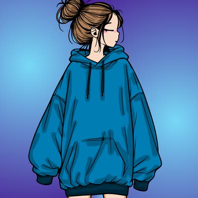 realistic girl with a oversized sweatshirt on and a bun