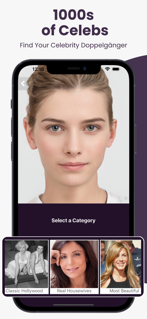 Celeb AI: Celebrity Look Alike - Oberfläche der Celeb AI App, die den Bildschirm zur Auswahl der Kategorie für den Celebrity-Gesichtsabgleich zeigt.