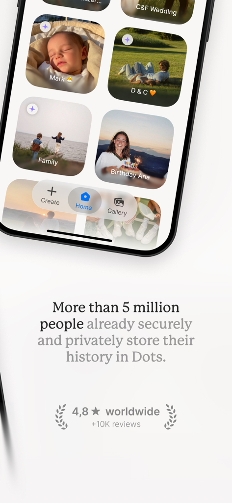 A smartphone screen displaying organized photo albums in the Dots Memories app with a text summary about its 5 million users and high rating.