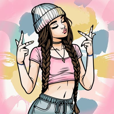realistic teenage girl with braids and a beanie and crop top doing 🫶🏼