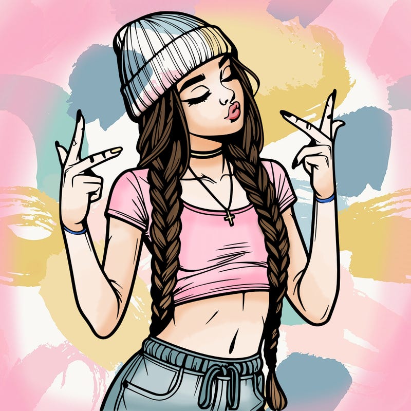 realistic teenage girl with braids and a beanie and crop top doing 🫶🏼