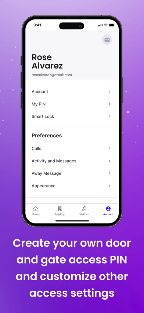 ButterflyMX - ButterflyMXモバイルアプリのアカウント画面。アクセスPINとスマートロックの設定が表示されます。
