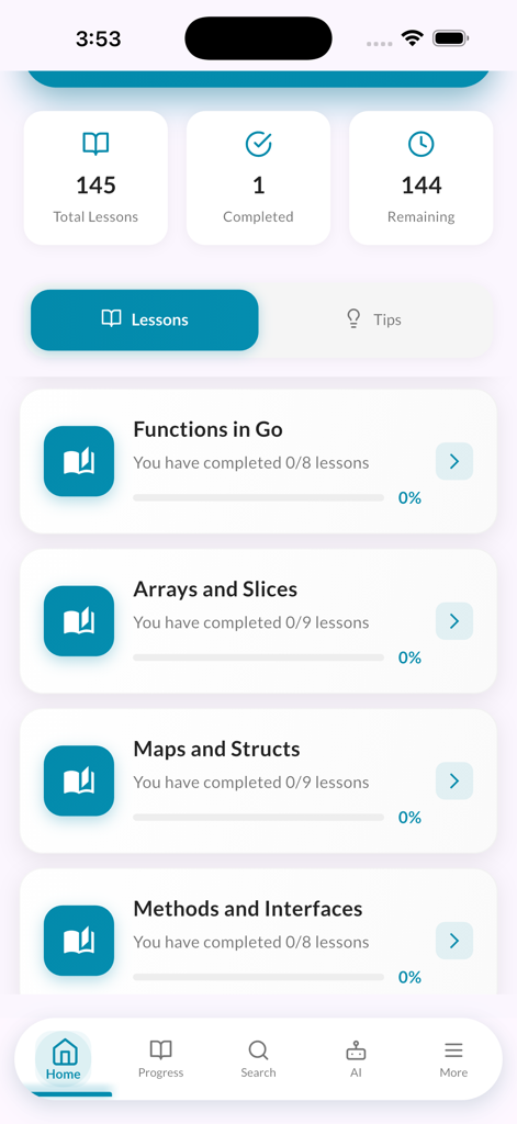 GoLang Pro app home screen displaying lesson progress and programming modules like functions and arrays