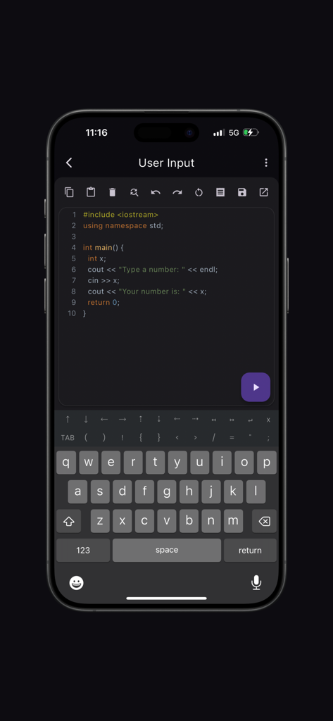 C++ Compiler Pro app interface showing a code editor with syntax highlighting and a custom programming keyboard on an iPhone