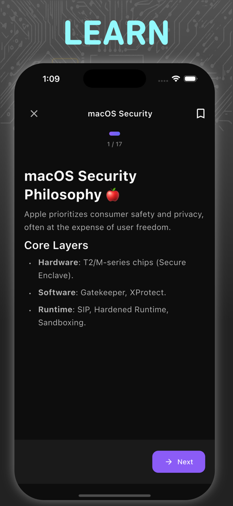 Cybersecurity Quiz App - Cybersecurity Quiz App learning module displaying macOS security philosophy and core layers.