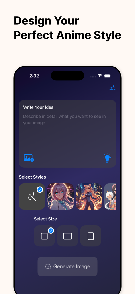 Anime AI: Photo to Manga Art - Mobile app interface for designing custom anime styles with AI prompt and art filters