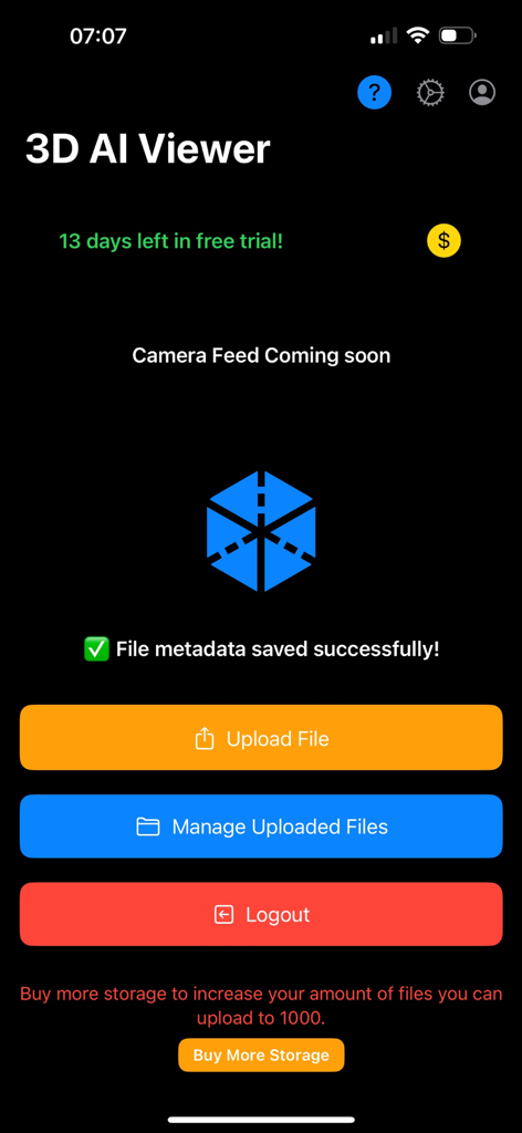 3D STL/OBJ Viewer - Menú principal de la aplicación Visor 3D AI que muestra botones de carga y gestión de archivos con un logo de cubo geométrico azul