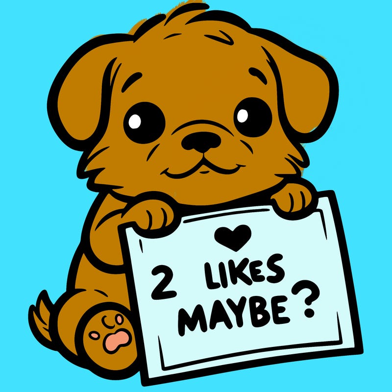 a puppy holding a sign that says 2 likes maybe?