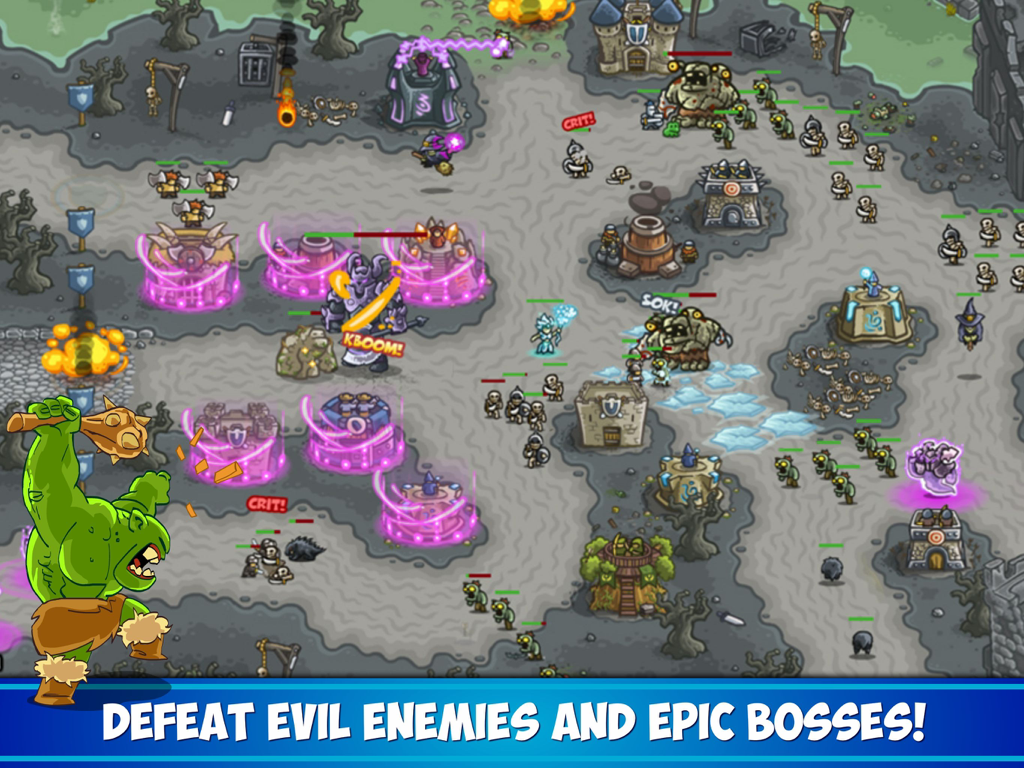 Gameplay screenshot of Kingdom Rush HD featuring towers defending against waves of skeletons and a giant green boss