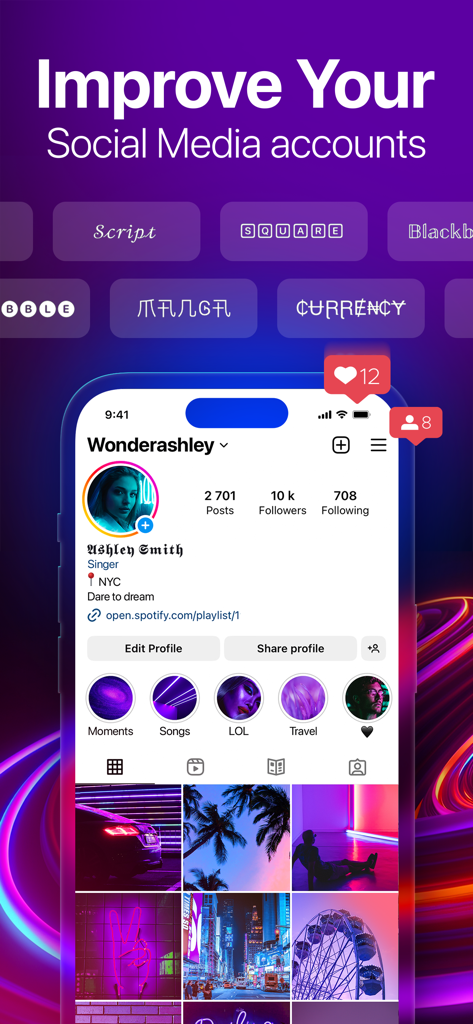 様々なスタイリッシュなフォントタイプのオプションを備えたスマートフォン画面上のソーシャルメディアプロファイル。