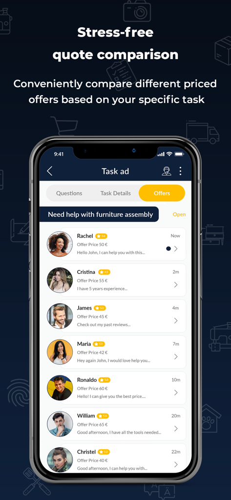 Co-Tasker - Interfaz de la aplicación Co-Tasker que muestra varias ofertas de proveedores de servicios y calificaciones para una tarea de montaje de muebles