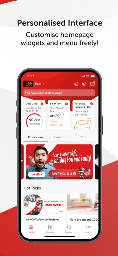 SmarTone CARE app personalized dashboard displaying account usage and rewards