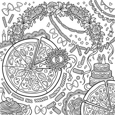 Unite your love for delicious Italian food and romantic celebrations with this unique Pizza & Pasta Wedding coloring page. This intricate design blends culinary delights with elegant wedding motifs, perfect for a joyful coloring experience.